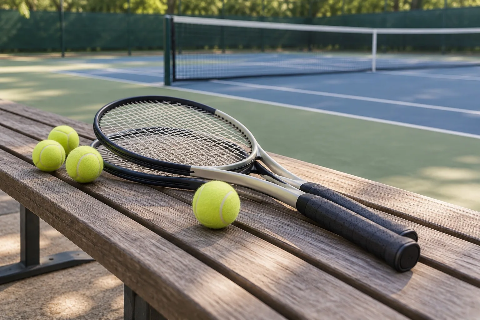 Zwei Tennisschläger und Bälle auf einer Bank neben einem Tennisplatz